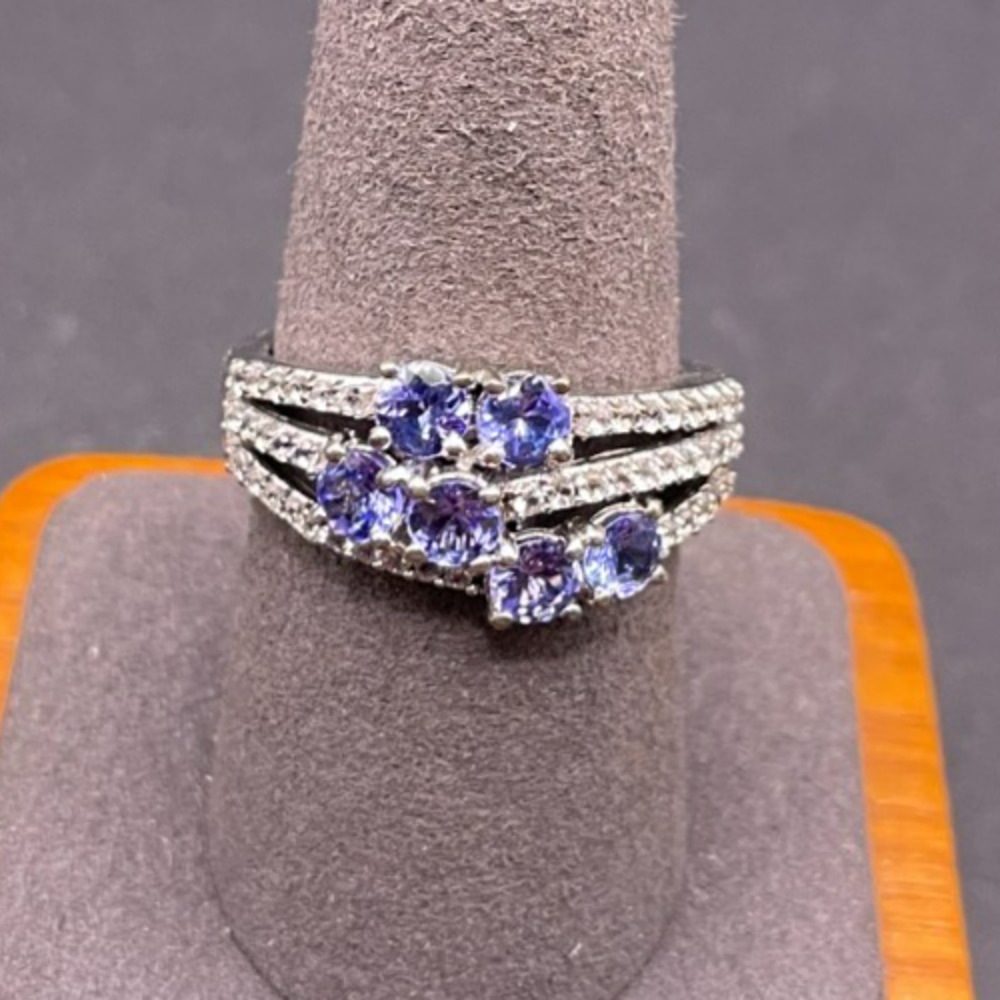 STS 925 Sterling Silver Tanzanite CZ Split Shank Cluster Statement Ring Size 9